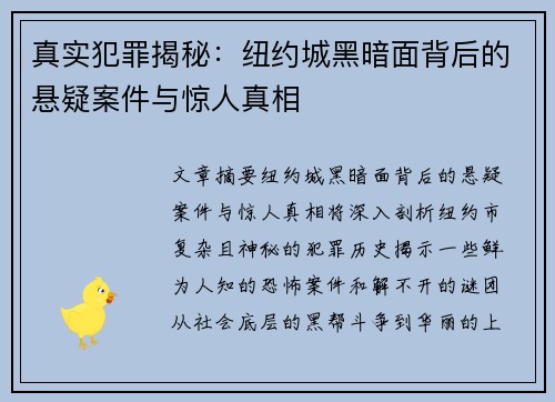真实犯罪揭秘：纽约城黑暗面背后的悬疑案件与惊人真相